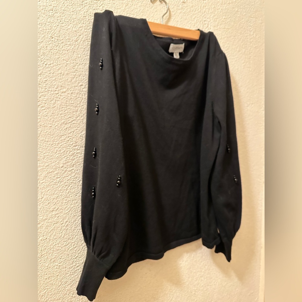 Carmen Marc Valvo Women Black Beaded Sleeve Sweater Size XL